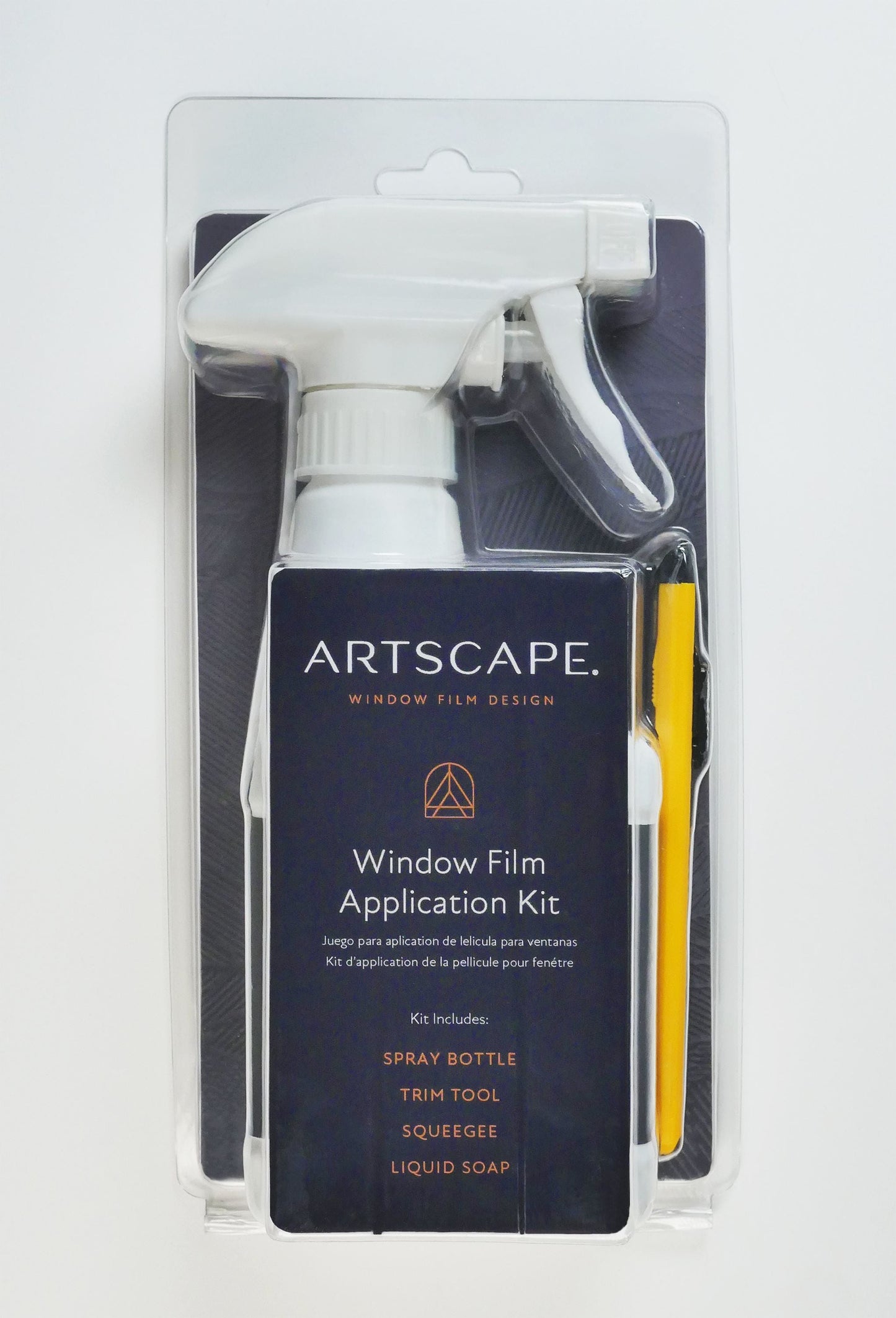 Film Application Kit comprising the following items: Water spray bottle (empty) Sachet of detergent Trimming Knife Squeegee Instruction sheet