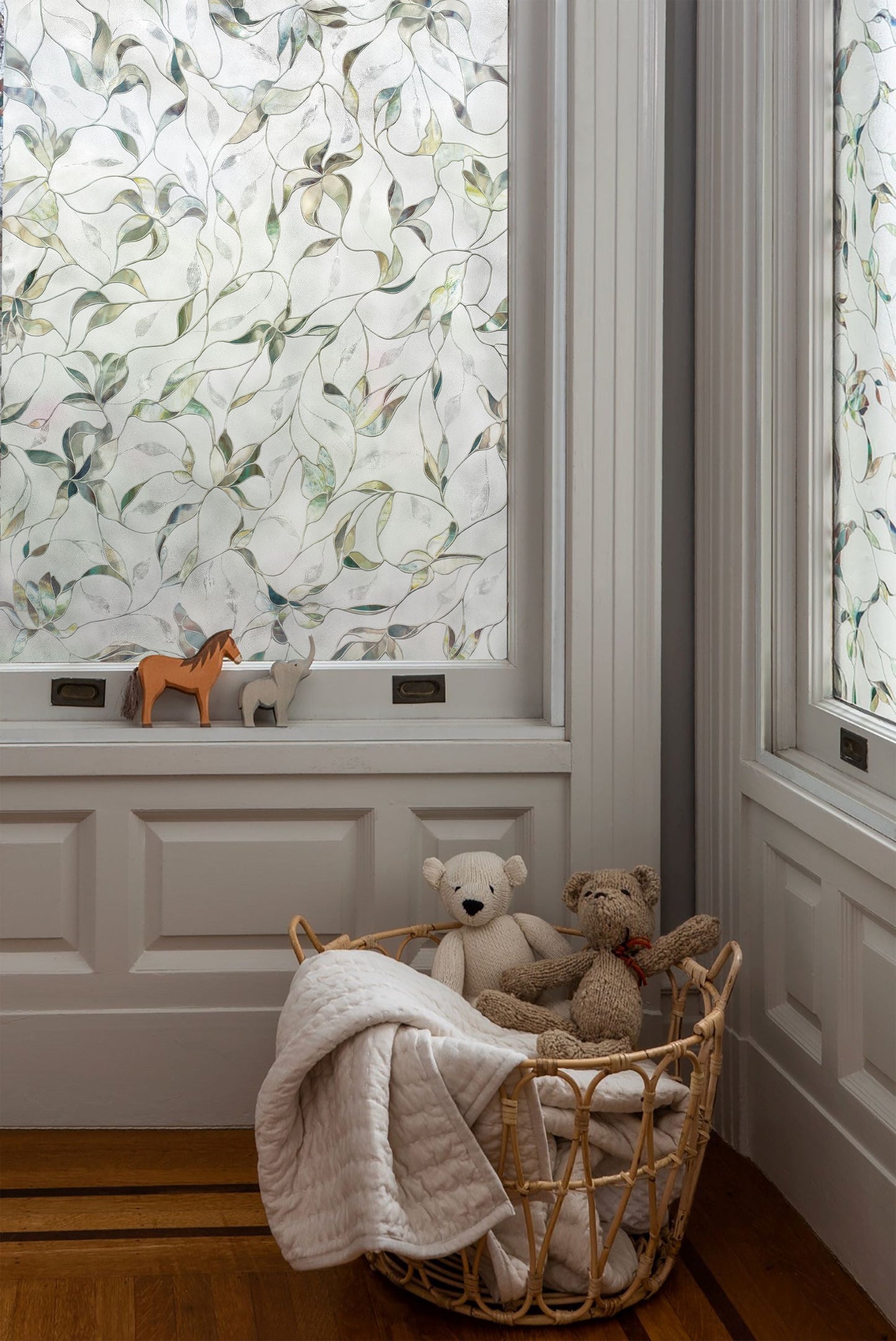 Light and airy, Flight adds sparkle and soft bits of colour to the home. If you look closely, hidden imagery of birds and butterflies can be found throughout this stylized design. A lovely addition to a children’s room or kitchen window.