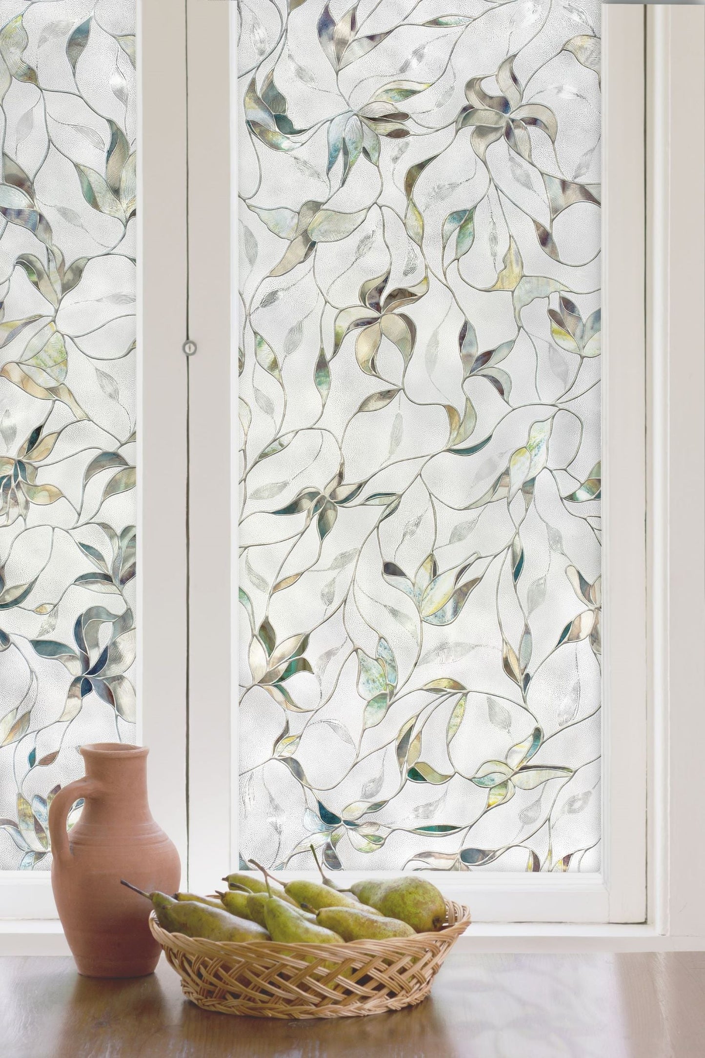 Light and airy, Flight adds sparkle and soft bits of colour to the home. If you look closely, hidden imagery of birds and butterflies can be found throughout this stylized design. A lovely addition to a children’s room or kitchen window.