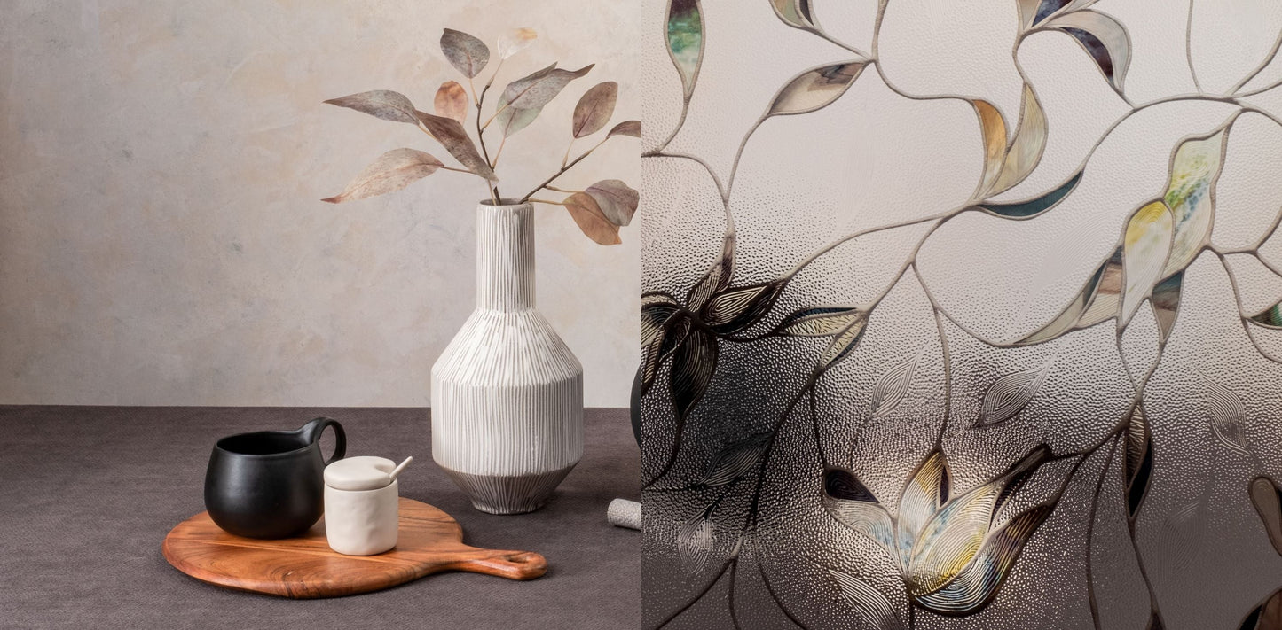 Light and airy, Flight adds sparkle and soft bits of colour to the home. If you look closely, hidden imagery of birds and butterflies can be found throughout this stylized design. A lovely addition to a children’s room or kitchen window.