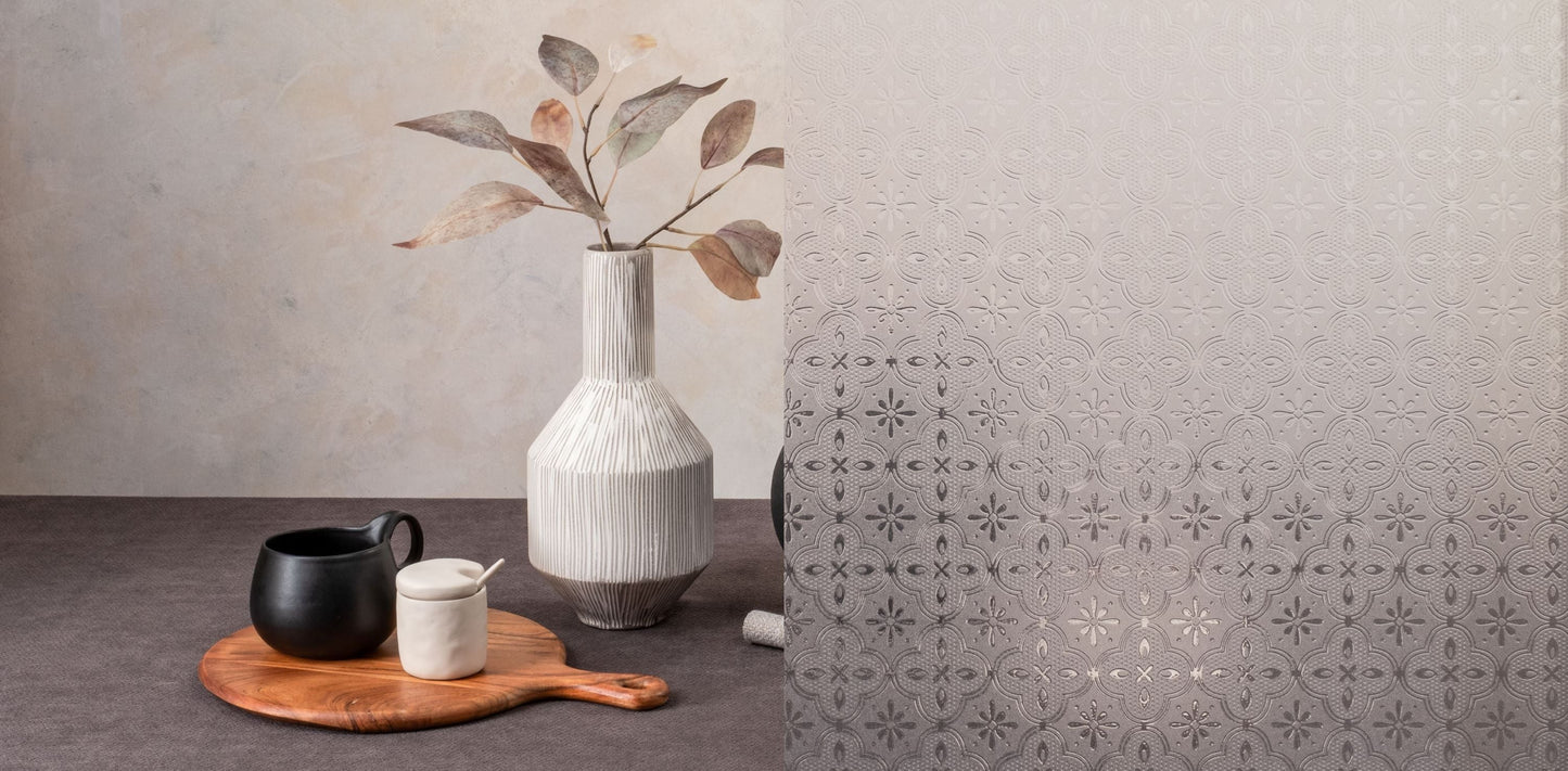 Guided by traditional glass designs, Floret is a simple clover repeat packed with dimension and sparkle that brings any traditional or modern window to life.