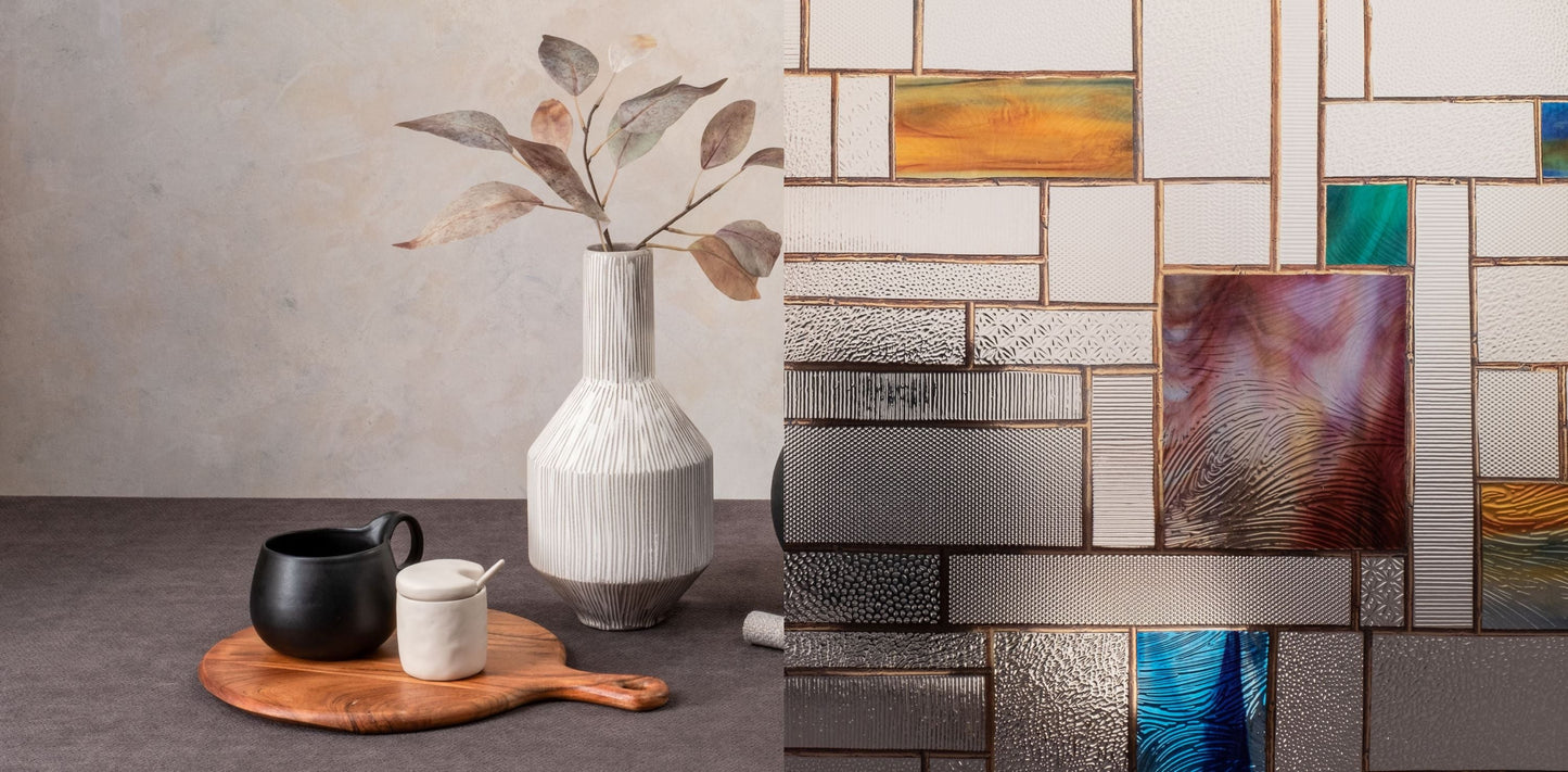 Modern square leaded glass window with pops of bright and saturated glass. The scale of this pattern lends itself well to a variety of window sizes and shapes. Really textured glass appearance.